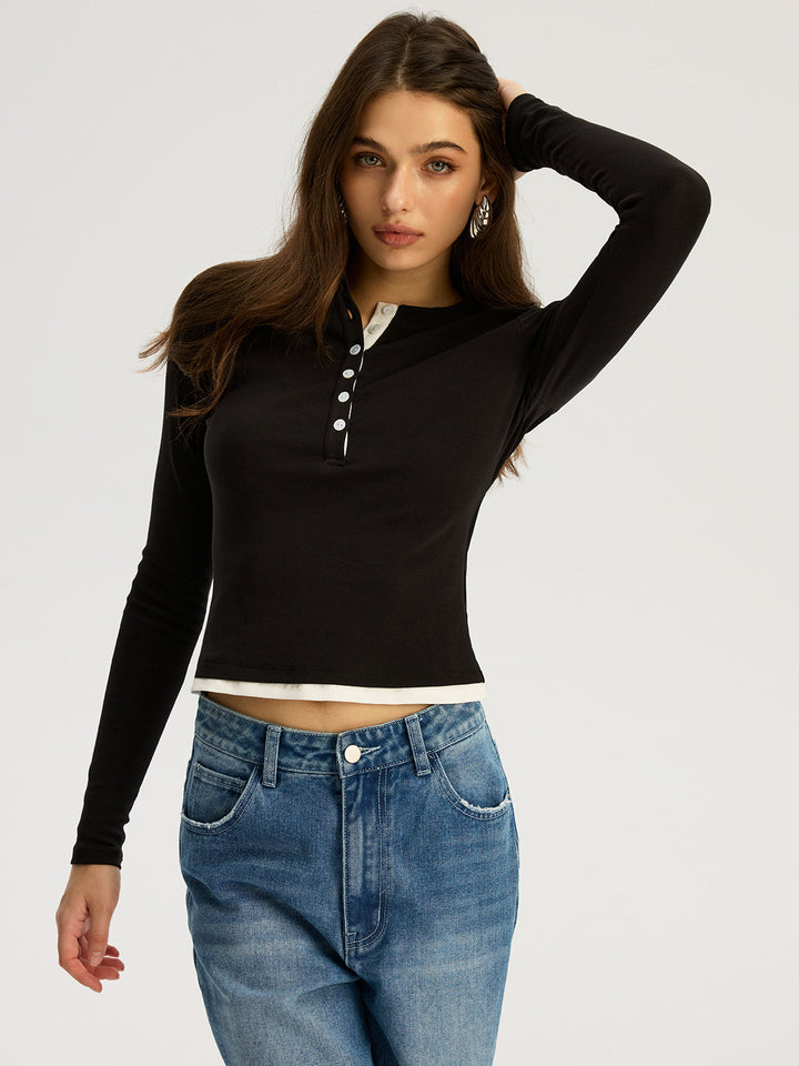 Contrast Trim Cotton Blend Long Sleeve Top  Liora Lane Boutique T-Shirts