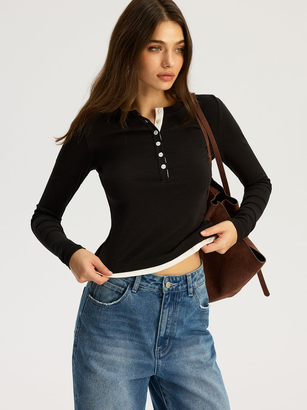 Contrast Trim Cotton Blend Long Sleeve Top  Liora Lane Boutique T-Shirts