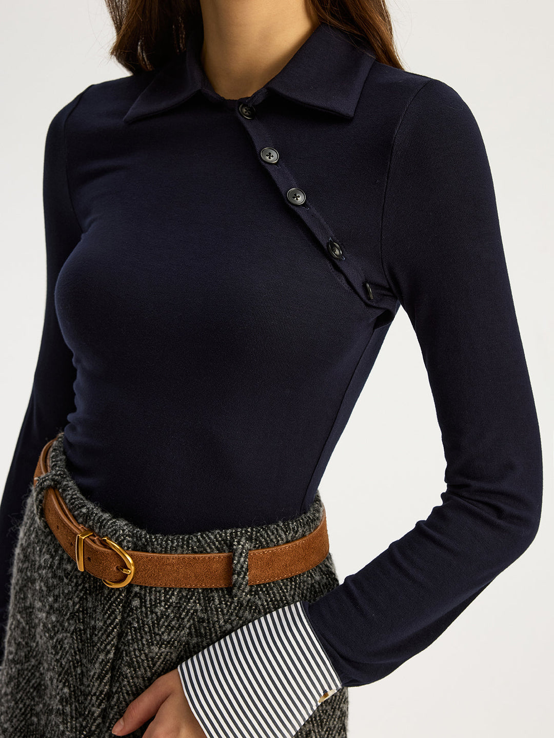 Asymmetric Button Striped Cuff Polo Top  Liora Lane Boutique T-Shirts