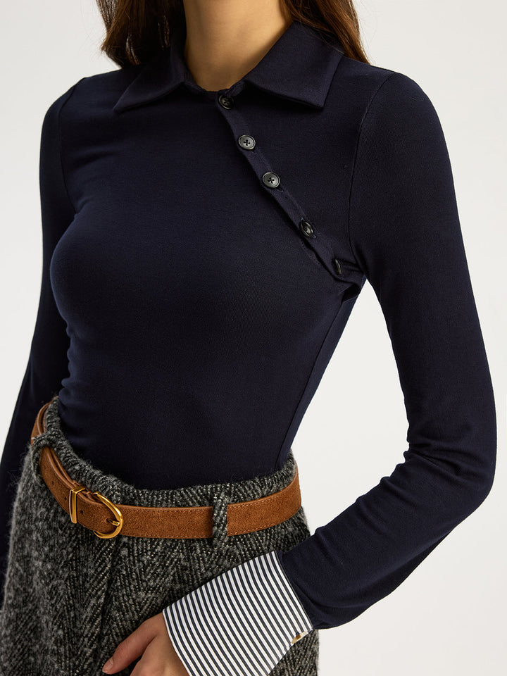 Asymmetric Button Striped Cuff Polo Top  Liora Lane Boutique T-Shirts