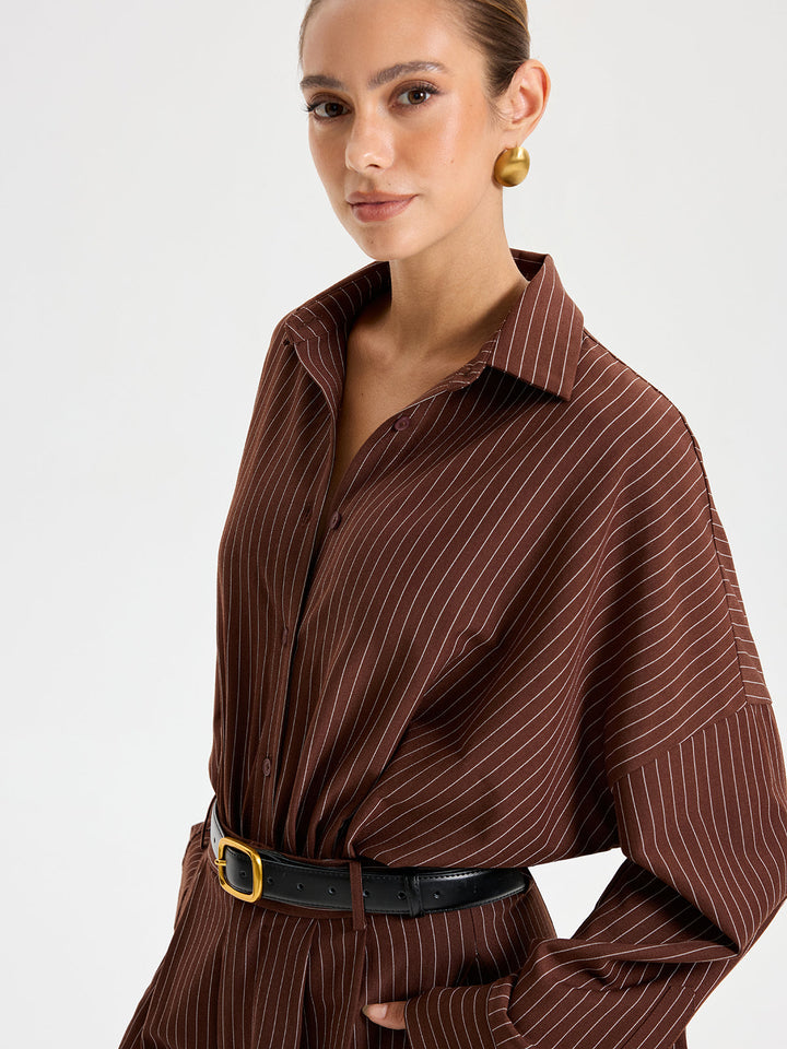 Shirt Collar Pinstripe Long Sleeve Bodysuit  Liora Lane Boutique Bodysuits