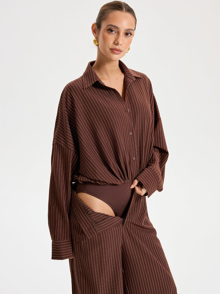 Shirt Collar Pinstripe Long Sleeve Bodysuit  Liora Lane Boutique Bodysuits