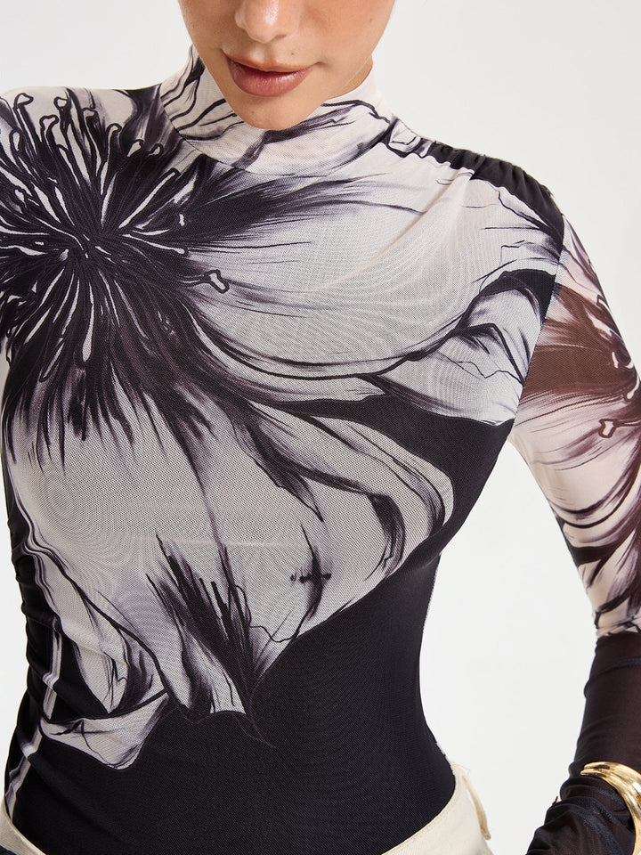 Floral Placement Print Mesh Bodysuit  Liora Lane Boutique Bodysuits