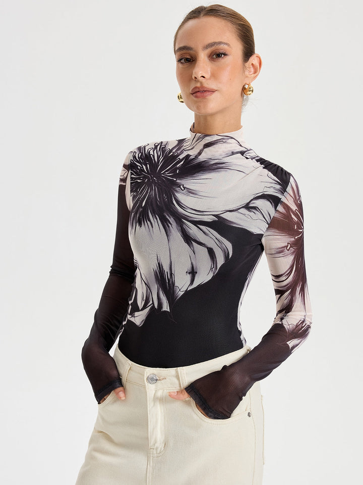 Floral Placement Print Mesh Bodysuit  Liora Lane Boutique Bodysuits