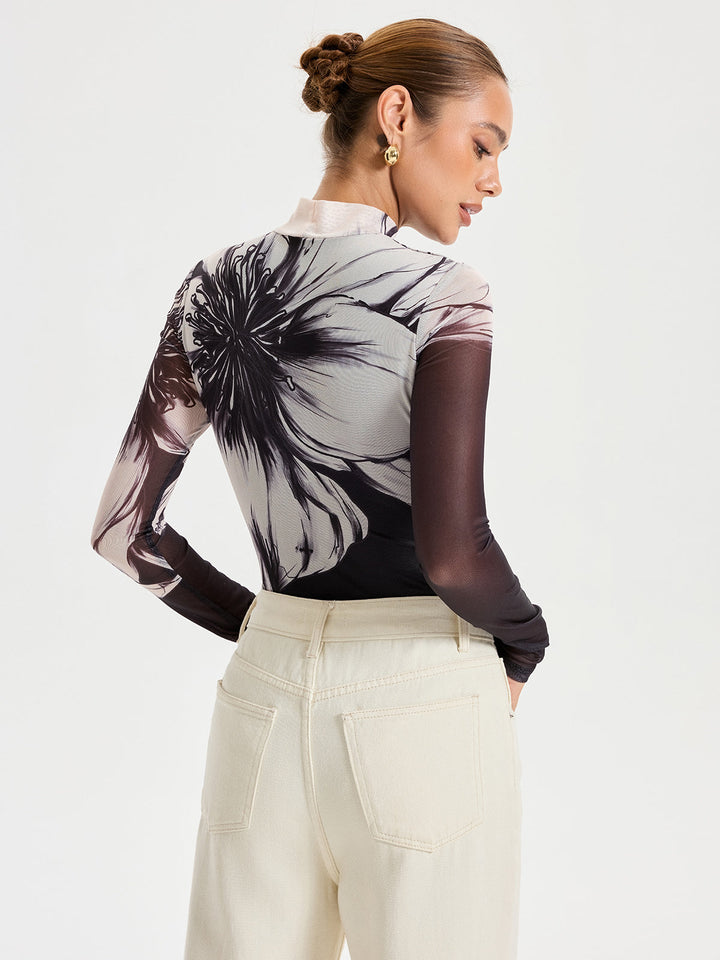Floral Placement Print Mesh Bodysuit  Liora Lane Boutique Bodysuits