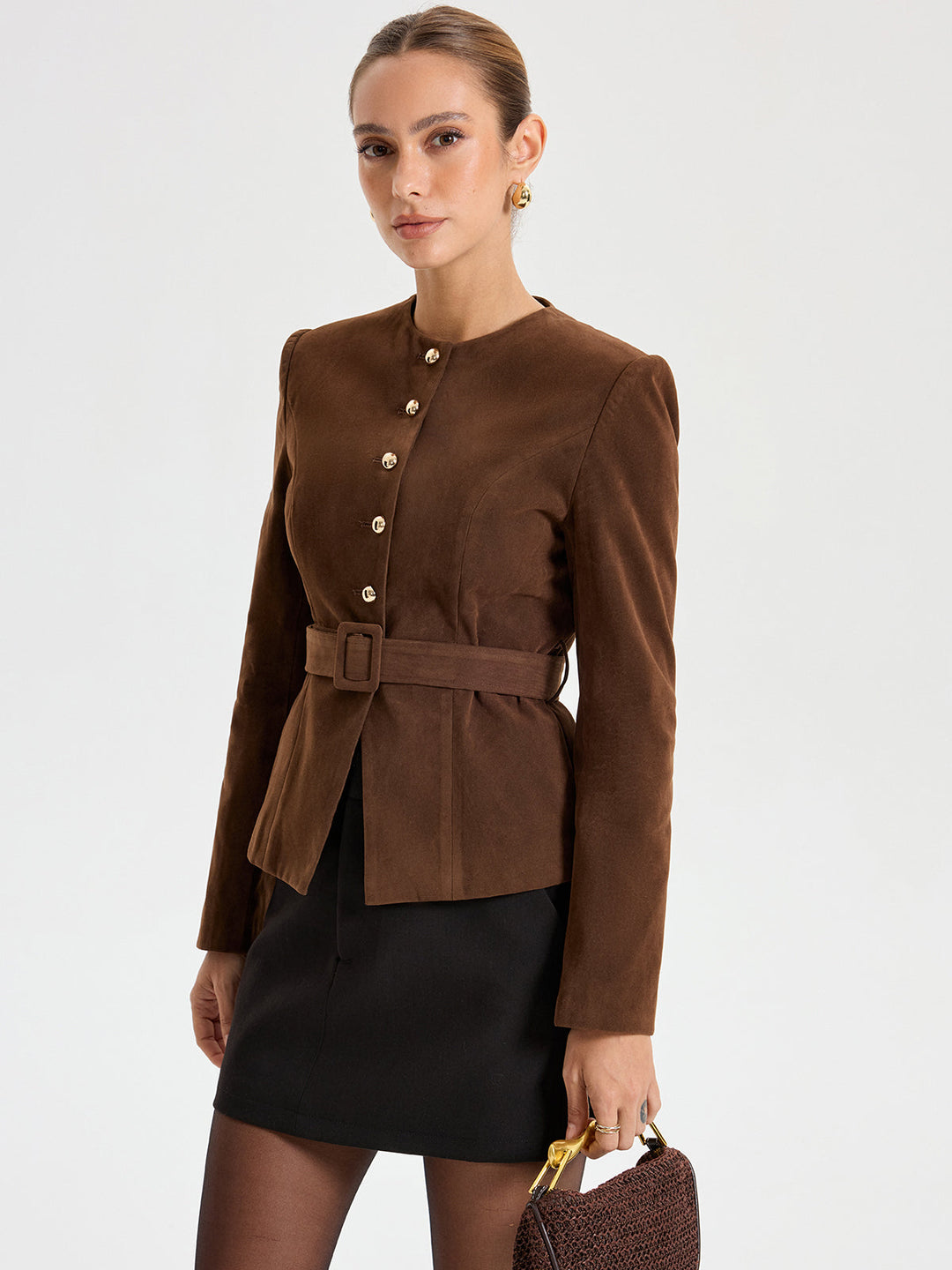 Suede Round Neckline Metal Button Blazer With Belt  Liora Lane Boutique Blazers