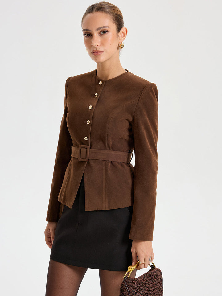 Suede Round Neckline Metal Button Blazer With Belt  Liora Lane Boutique Blazers
