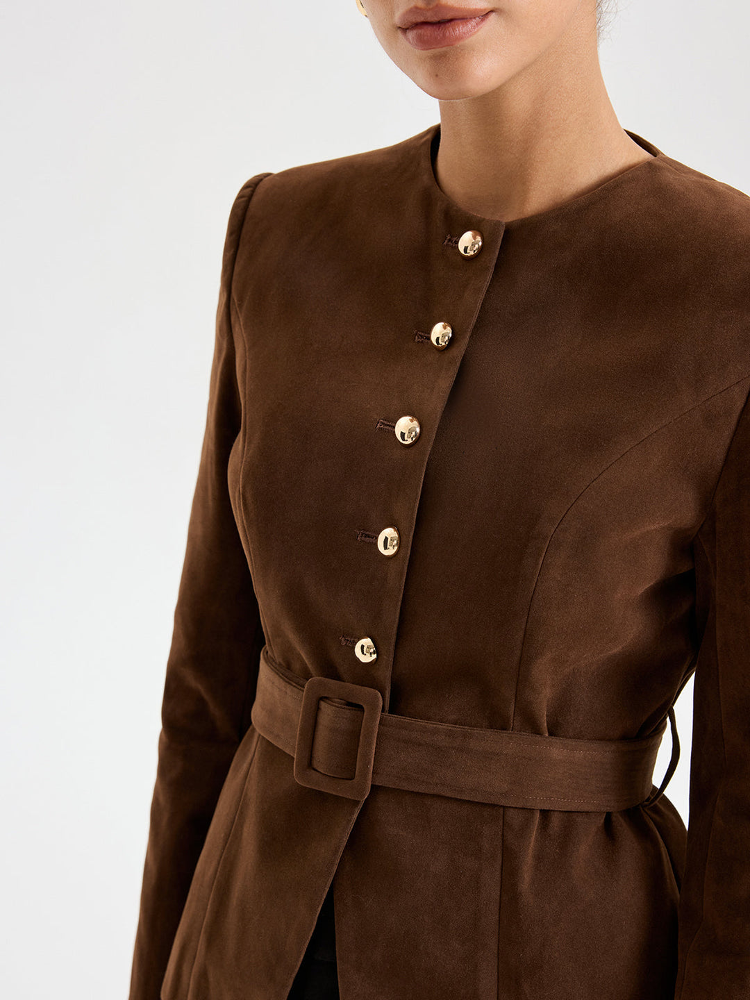 Suede Round Neckline Metal Button Blazer With Belt  Liora Lane Boutique Blazers