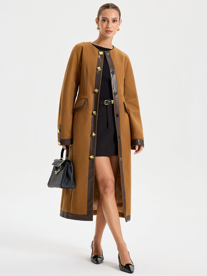 Faux Leather Trim Tweed Long Coat  Liora Lane Boutique Wool Coats