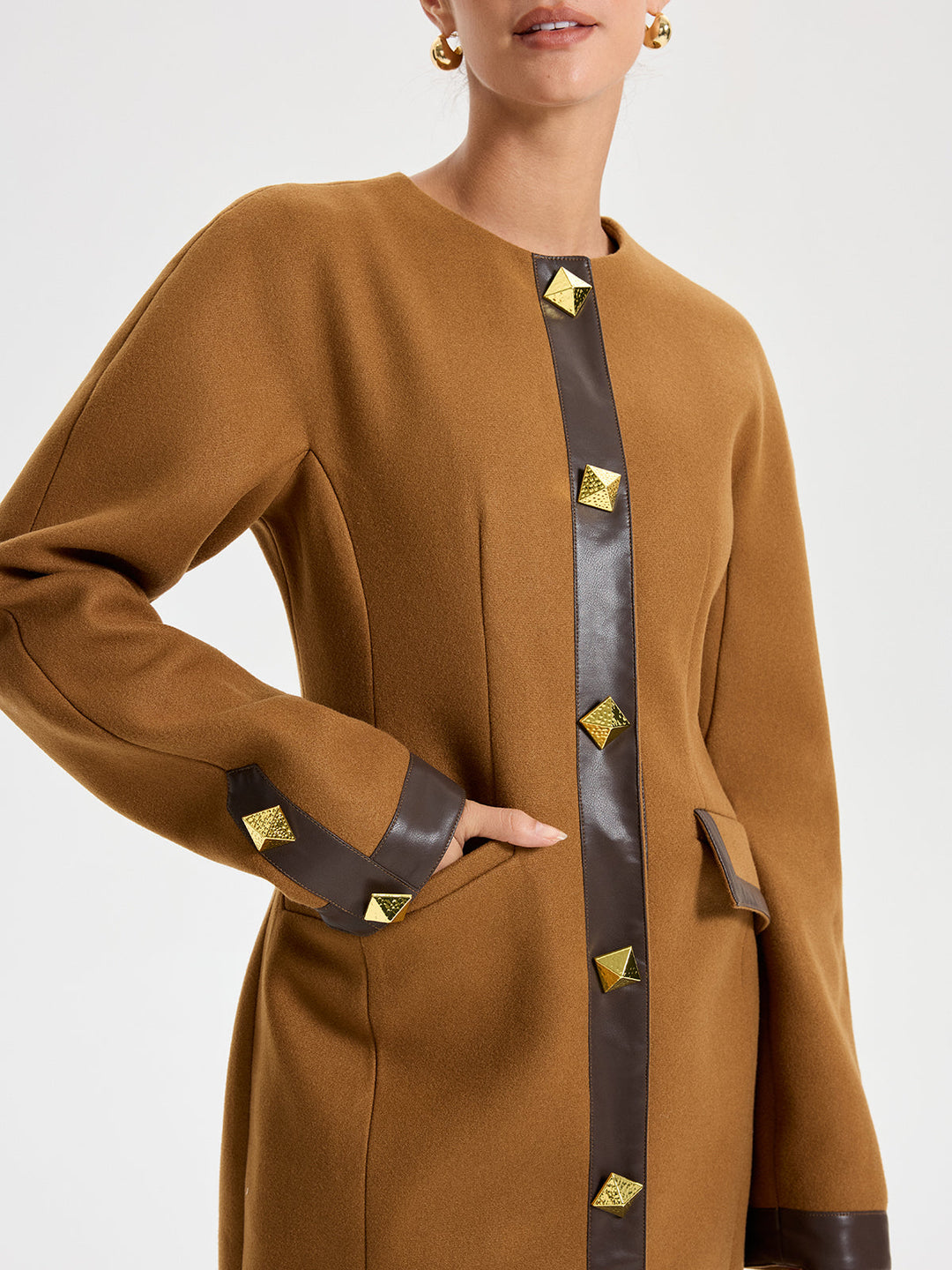 Faux Leather Trim Tweed Long Coat  Liora Lane Boutique Wool Coats