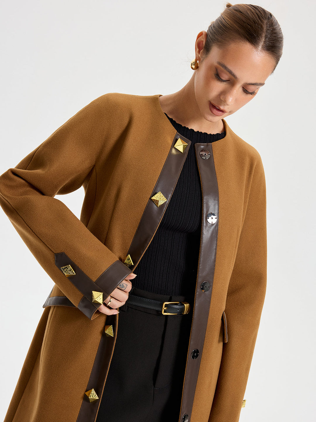 Faux Leather Trim Tweed Long Coat  Liora Lane Boutique Wool Coats
