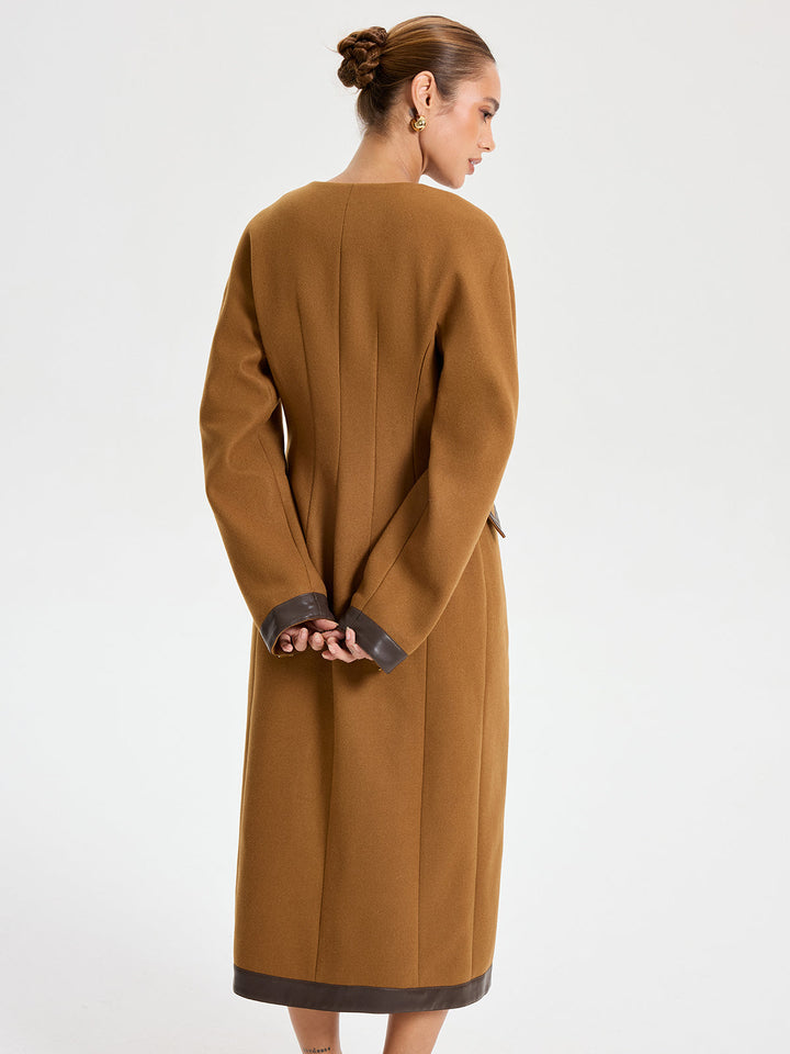 Faux Leather Trim Tweed Long Coat  Liora Lane Boutique Wool Coats