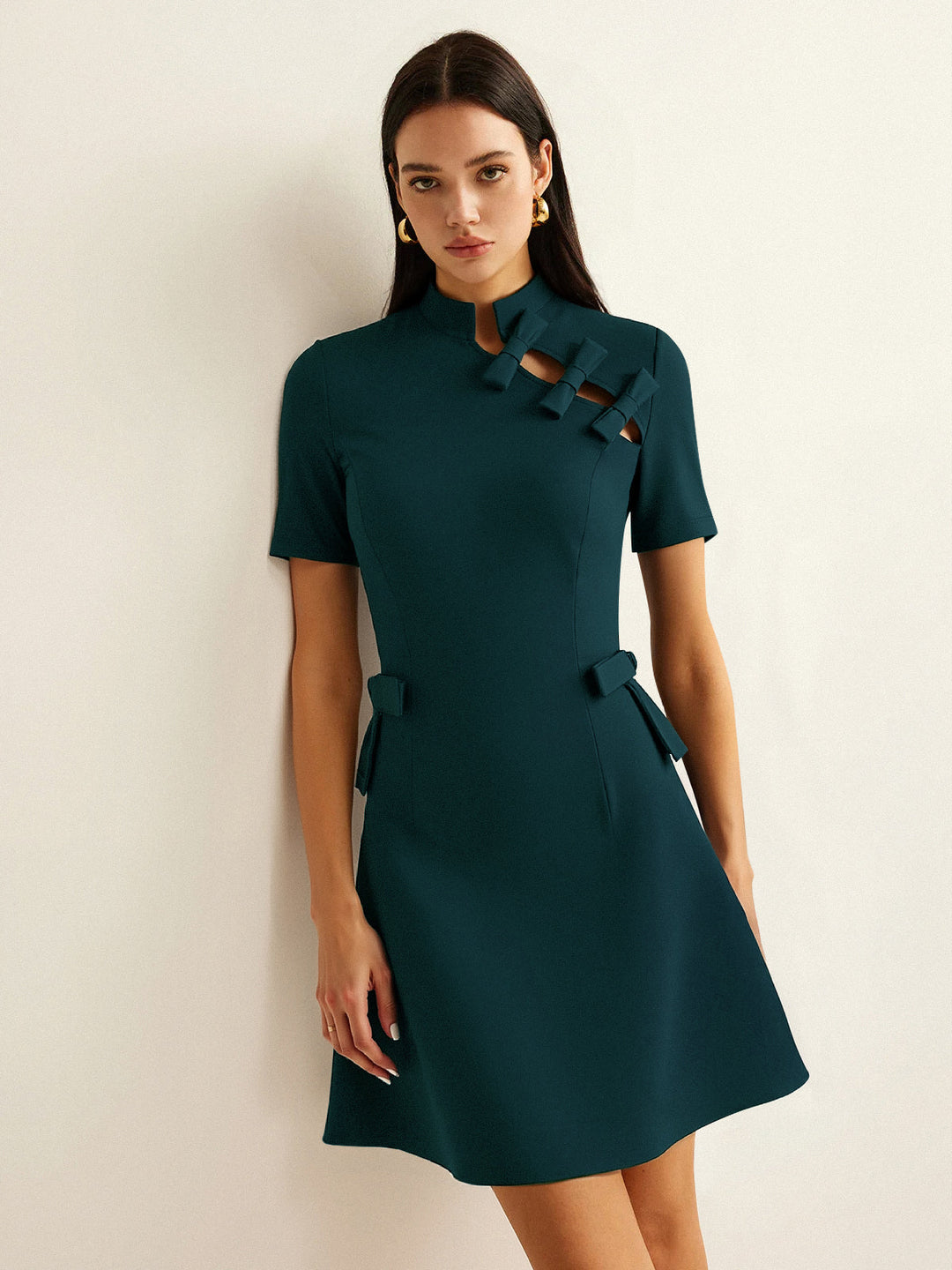 Bow Cut-Out Stand Collar Short Sleeve Dress  Liora Lane Boutique Dresses Dark Green / XL 39.00