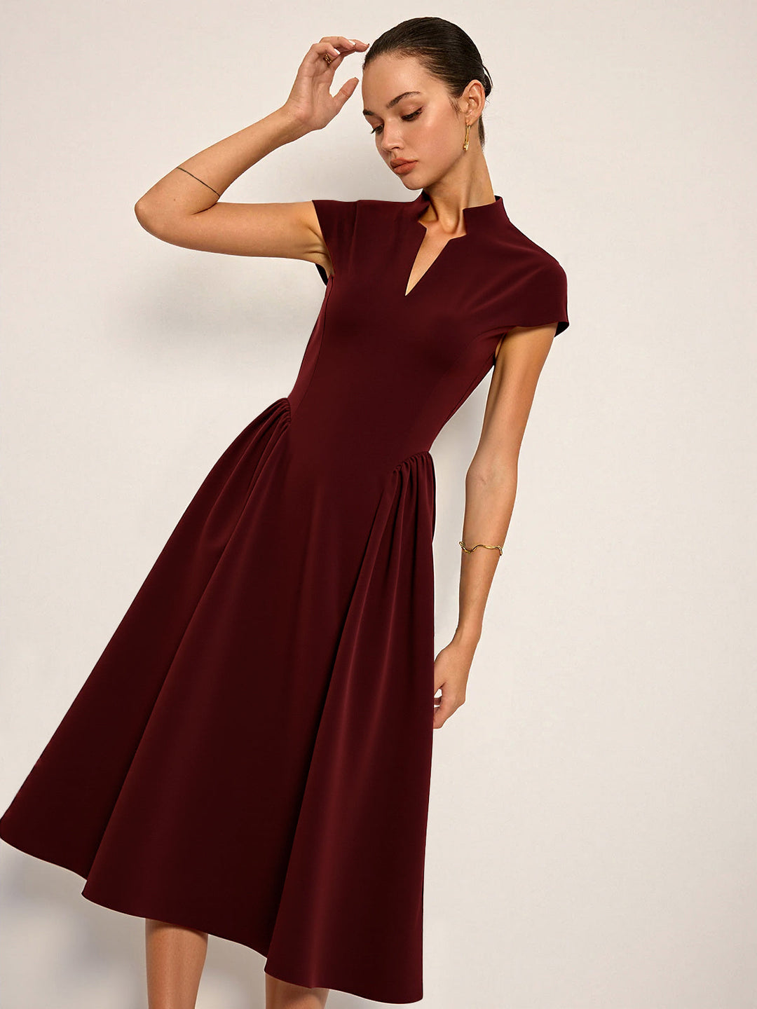 Cap Sleeved Keyhole Neckline Flared Midi Dress  Liora Lane Boutique Dresses Burgundy / XL 69.00