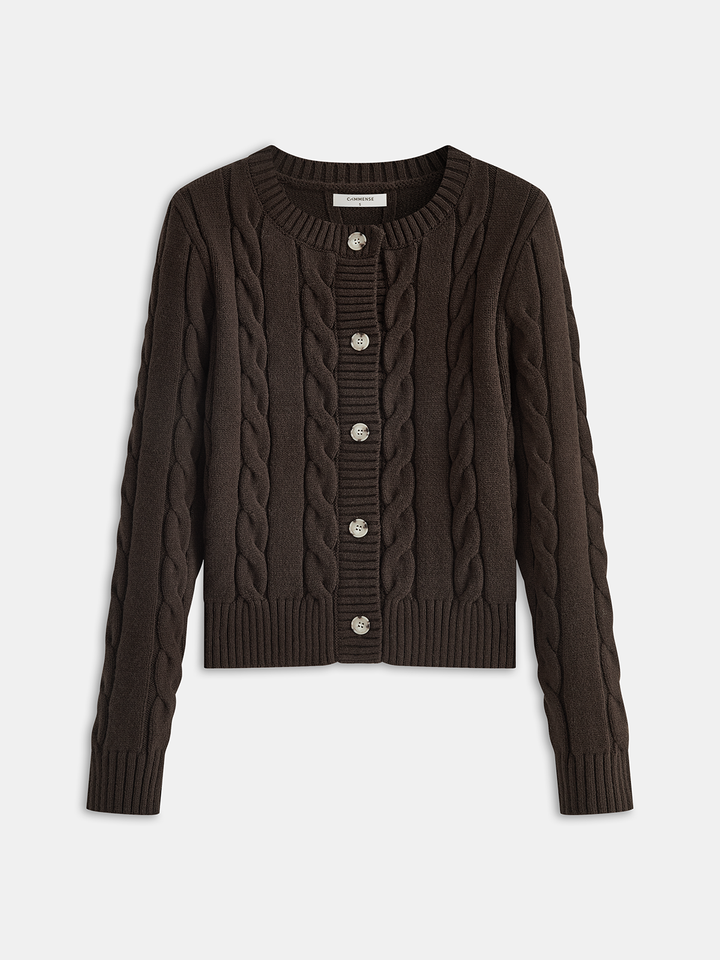Cable Knit Round Neck Cardigan  Liora Lane Boutique Cardigans Dark Brown / XL 89.99