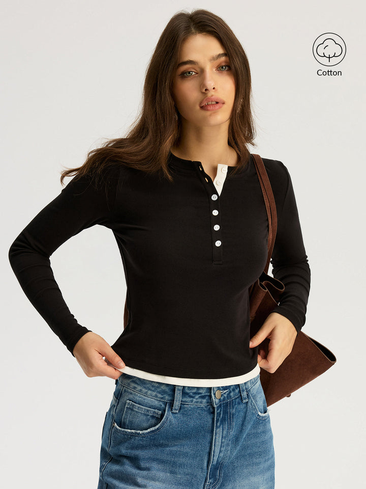 Contrast Trim Cotton Blend Long Sleeve Top  Liora Lane Boutique T-Shirts Black / XL 29.00