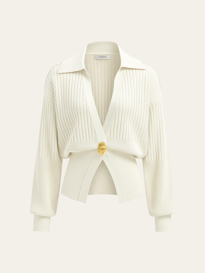 Ribbed Collared Metal Button Cardigan  Liora Lane Boutique Cardigans White / XL 58.00