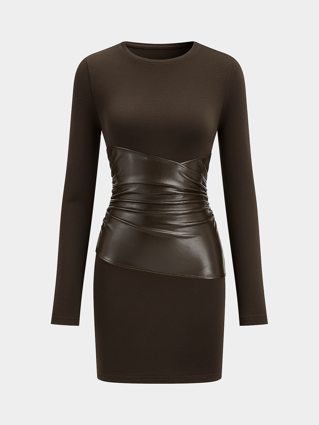 PU Leather Panel Long Sleeve Knit Dress  Liora Lane Boutique Dresses Brown / XL 112.99