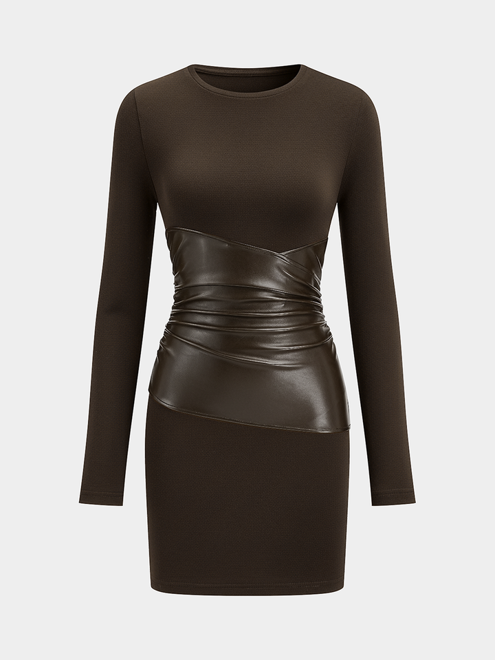 PU Leather Panel Long Sleeve Knit Dress  Liora Lane Boutique Dresses Brown / XL 112.99