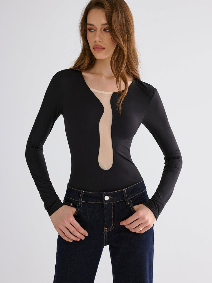 Mesh Patchwork Skinny Bodysuits  Liora Lane Boutique Bodysuits