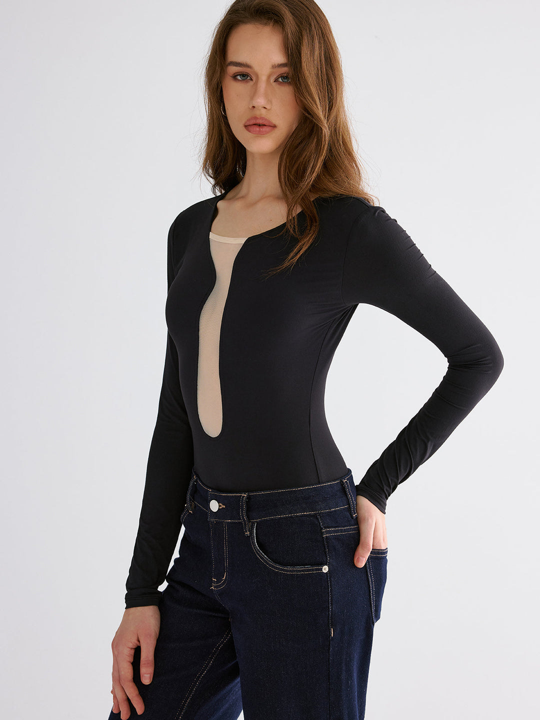 Mesh Patchwork Skinny Bodysuits  Liora Lane Boutique Bodysuits
