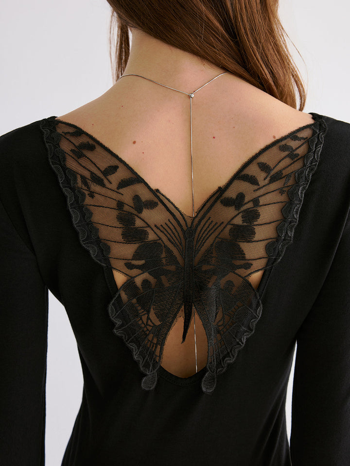 Butterfly Lace Back Long Sleeve Shirt  Liora Lane Boutique T-Shirts