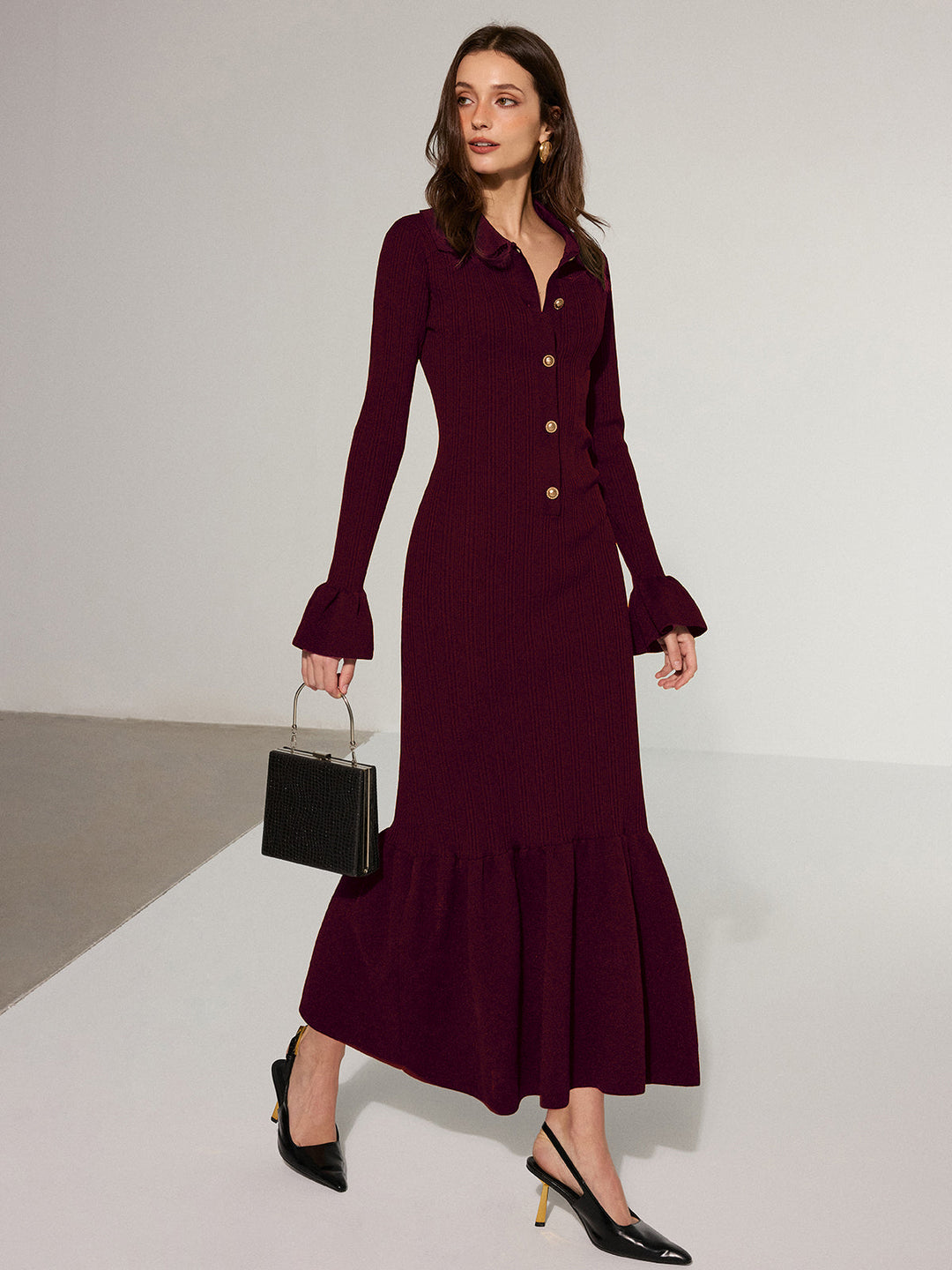 Mermaid Hem Collared Knit Maxi Dress  Liora Lane Boutique Sweater Dresses Burgundy / XL 147.99