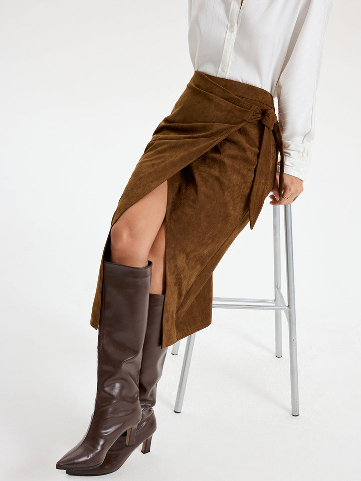 Tie Knot Suede Skirt  Liora Lane Boutique Skirts Brown / XL 42.00