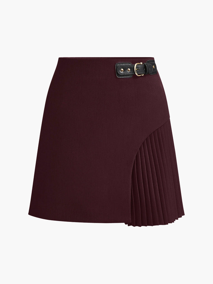 Side Pleated Buckle Belted Skirt  Liora Lane Boutique Skirts Dark Brown / XL 39.00