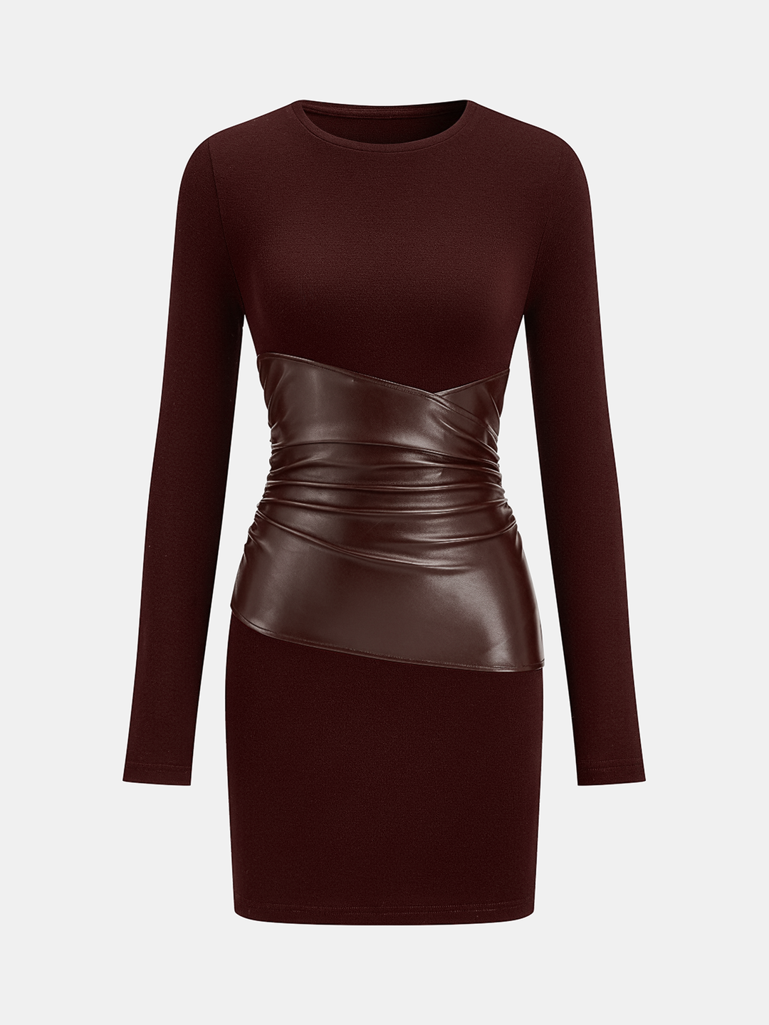 PU Leather Panel Long Sleeve Knit Dress  Liora Lane Boutique Dresses Burgundy / XL 112.99
