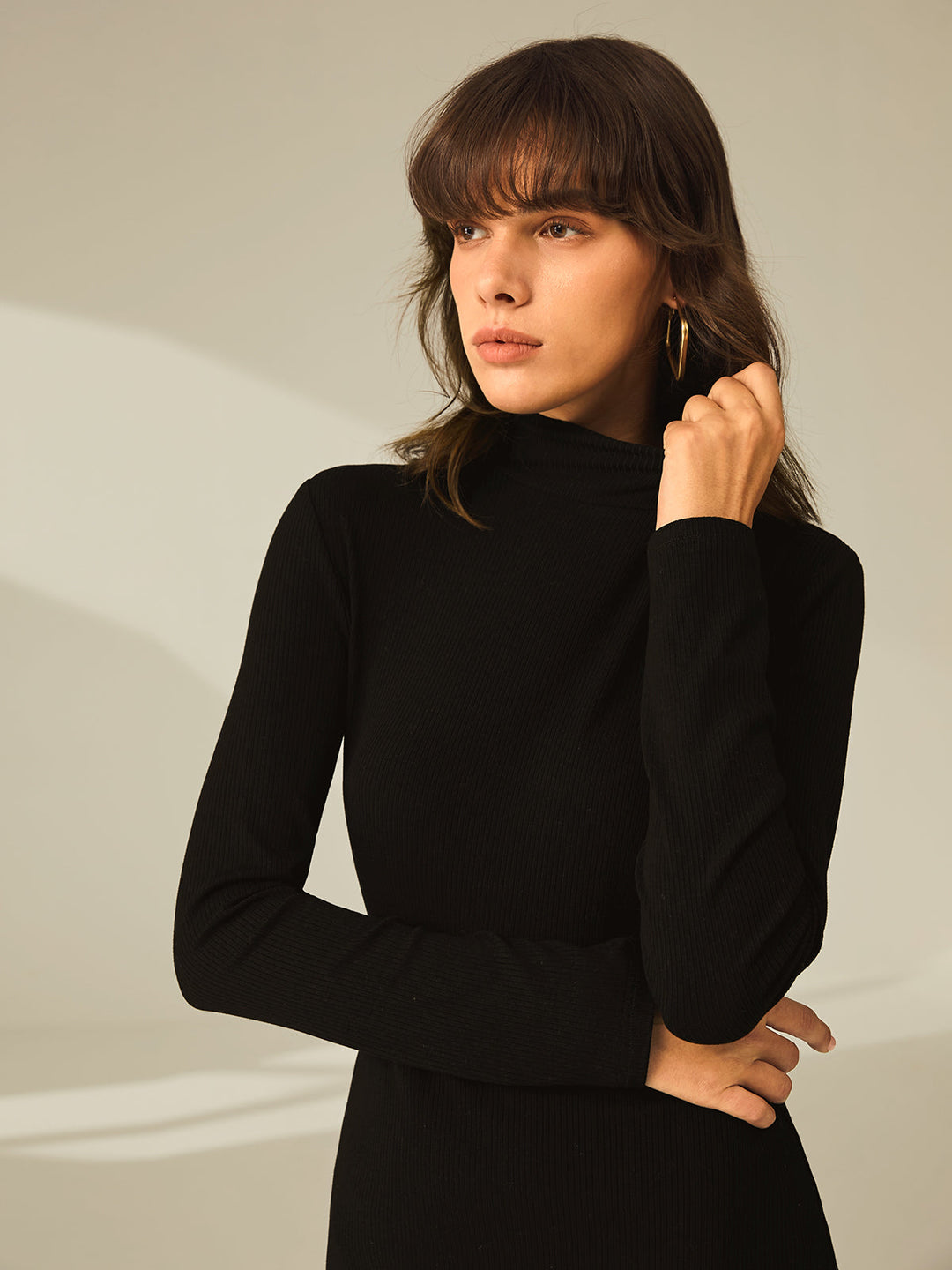Turtleneck Long Sleeve Mini Dress with Slit and Ribbed Paneling  Liora Lane Boutique Dresses