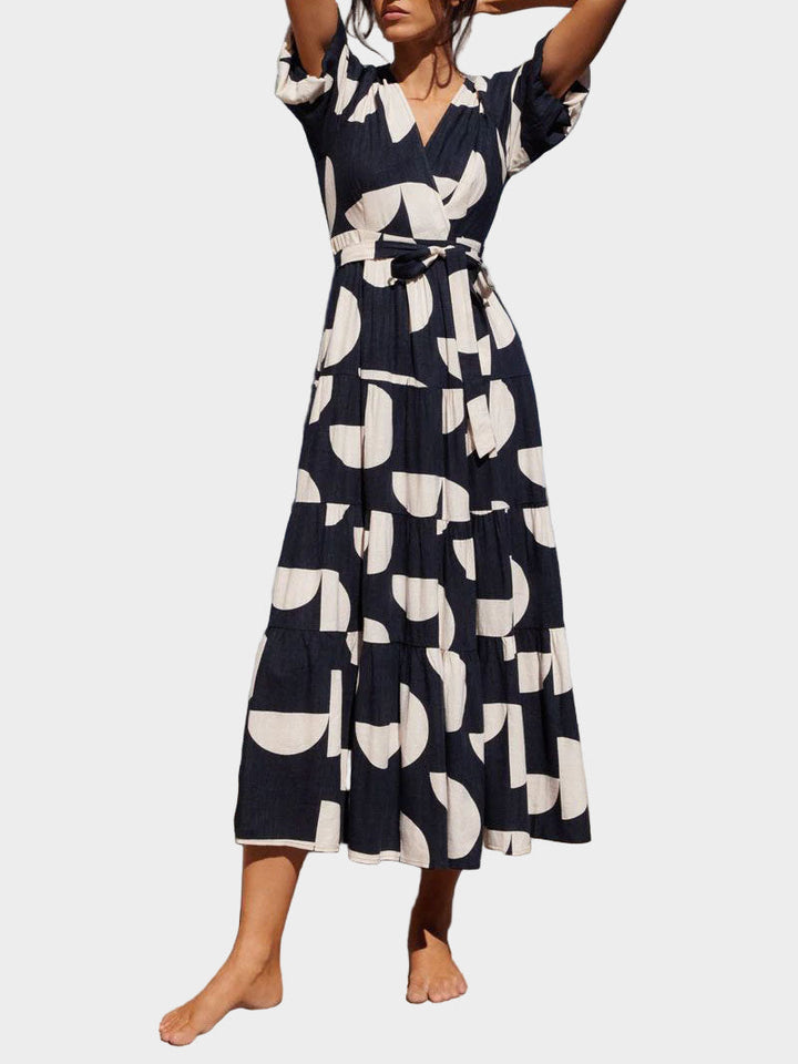 Midi Dress with Puff Sleeve V-Neck Geometric Print Jasmine's Boutique Australia
