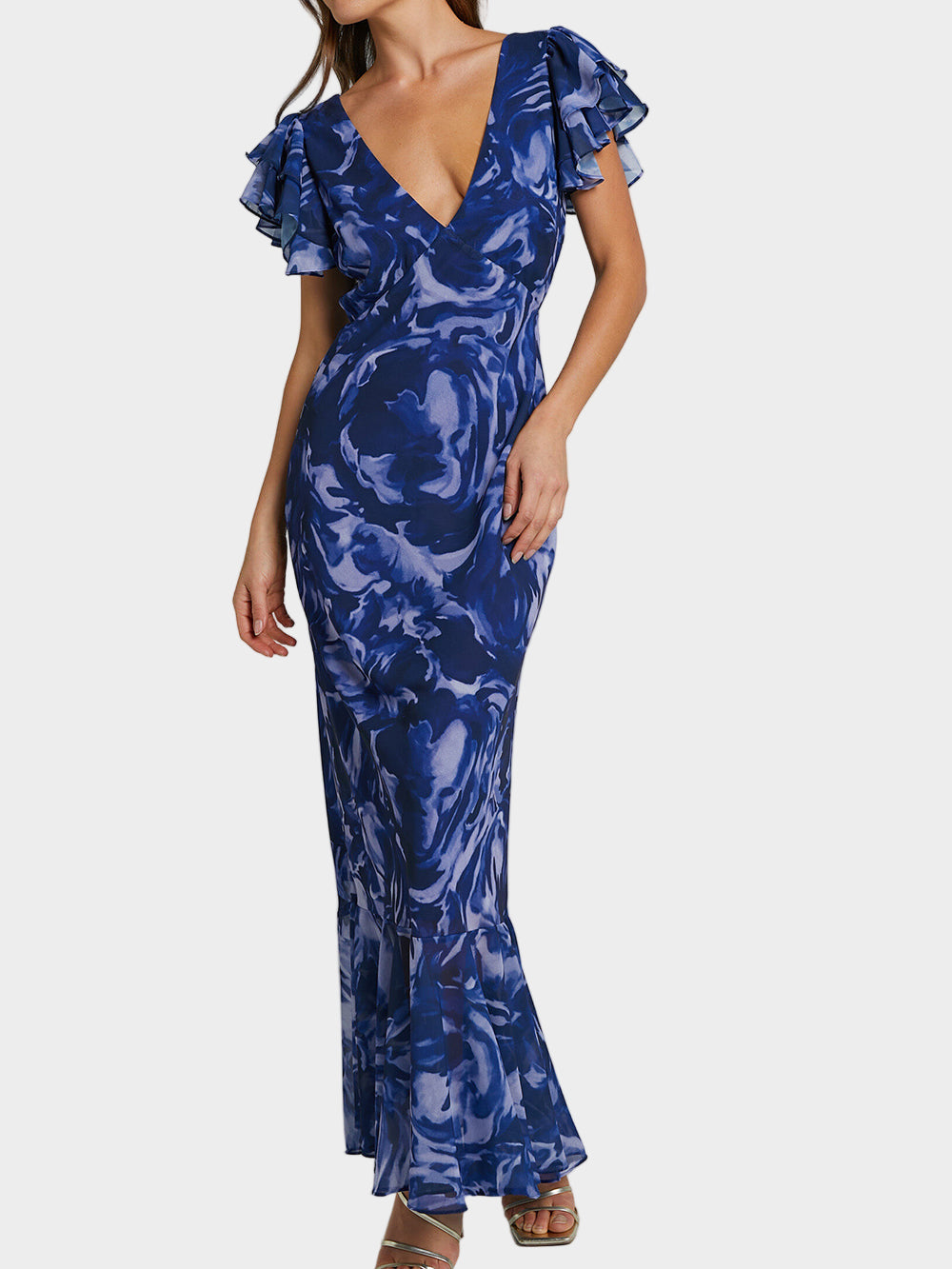 Navy Swirl V Neck Flutter Sleeve Maxi Dress Jasmine's Boutique Australia