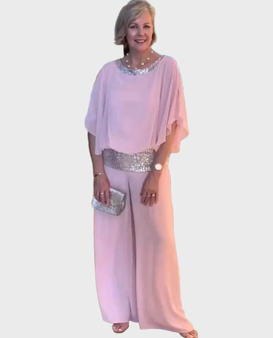 Blush Elegance Sequined Chiffon Pantsuit Jasmine's Boutique Australia