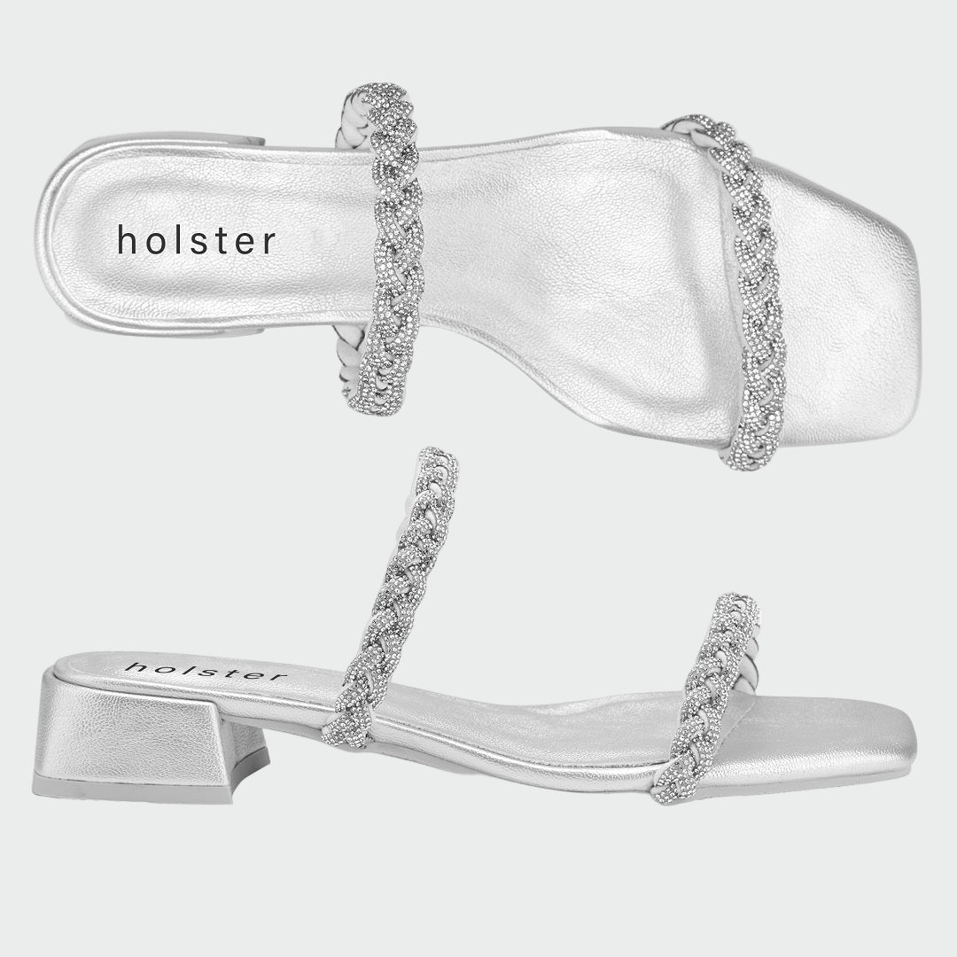 Holster Braided Crystal Block Heel Sandals – Silver Jasmine's Boutique Australia