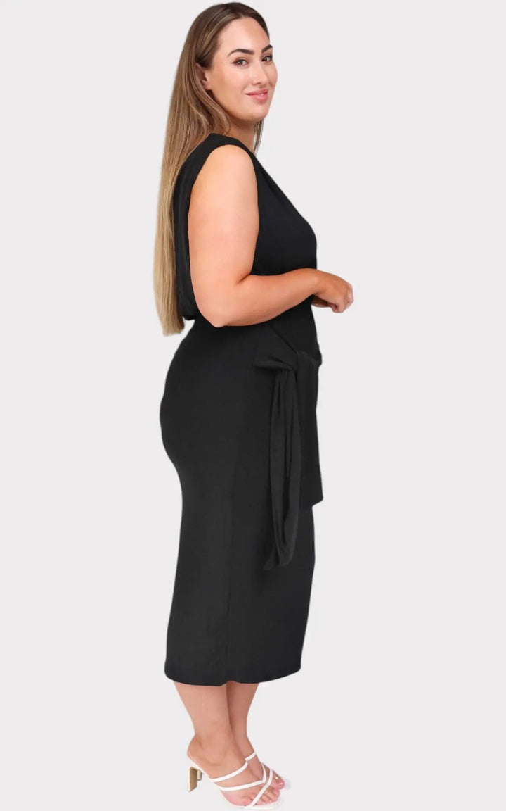 Black Asymmetric Off-Shoulder Wrap Tie Split Midi Dress Jasmine's Boutique Australia