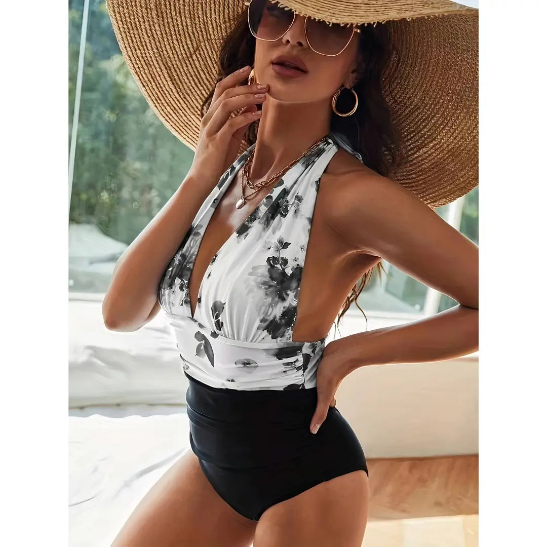 Monochrome Bloom Halter Swimsuit Jasmine's Boutique Australia