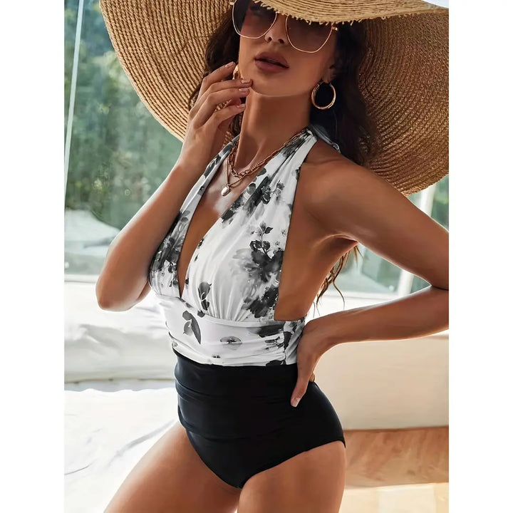 Monochrome Bloom Halter Swimsuit Jasmine's Boutique Australia