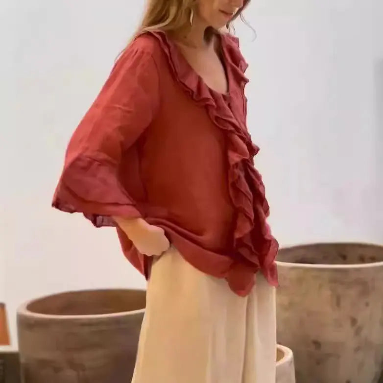 Elegant Linen Ruffle Blouse Jasmine's Boutique Australia