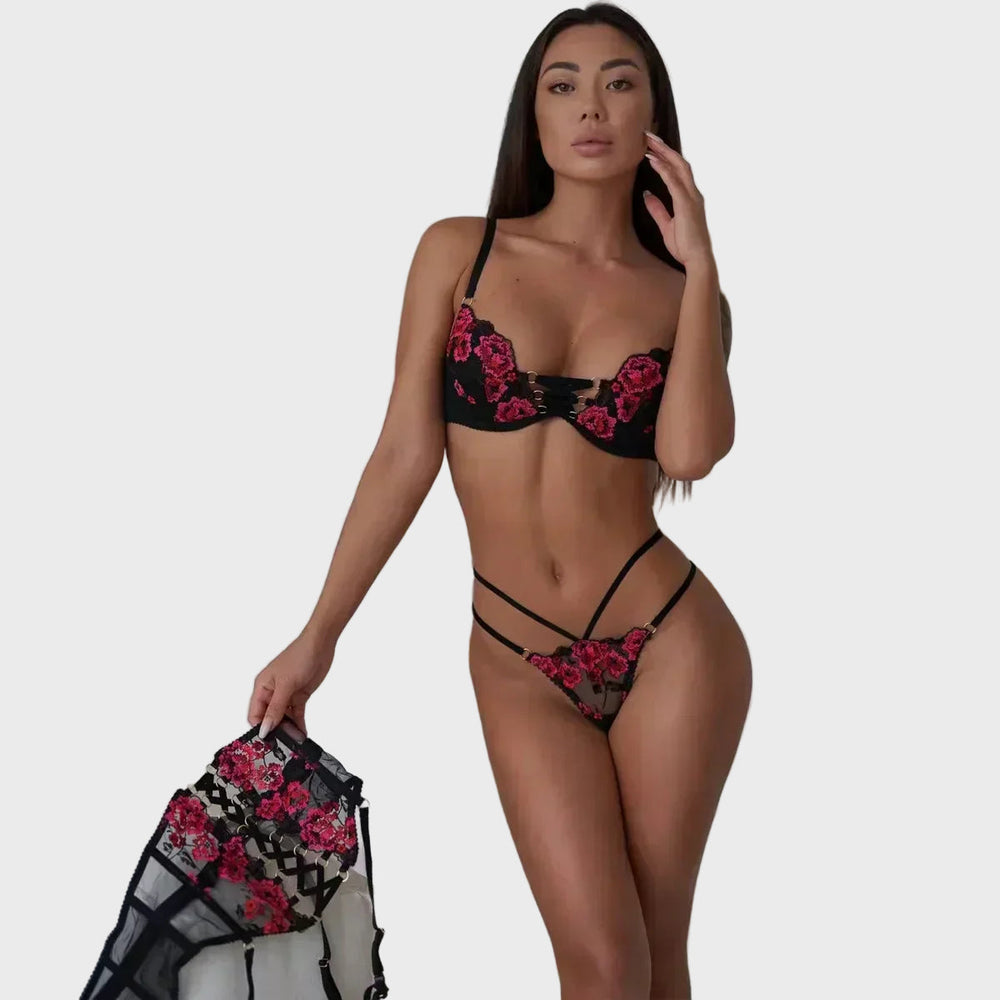 Crimson Rose Embroidered Lingerie Set Jasmine's Boutique Australia