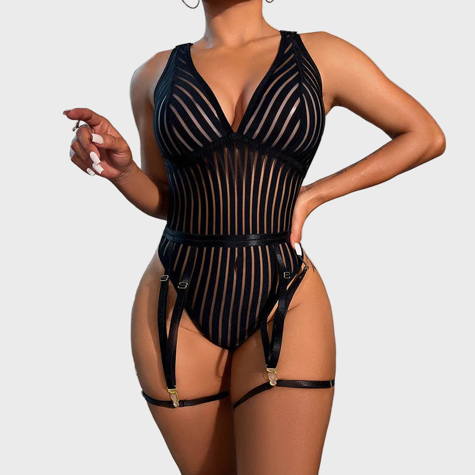 Midnight Stripes Garter Bodysuit Jasmine's Boutique Australia
