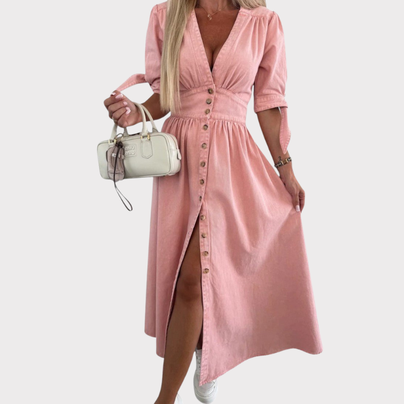 Adelina | V-Neck Button Midi Dress Liora Lane Boutique