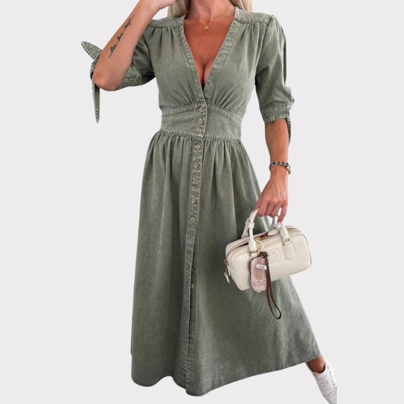 Adelina | V-Neck Button Midi Dress Liora Lane Boutique