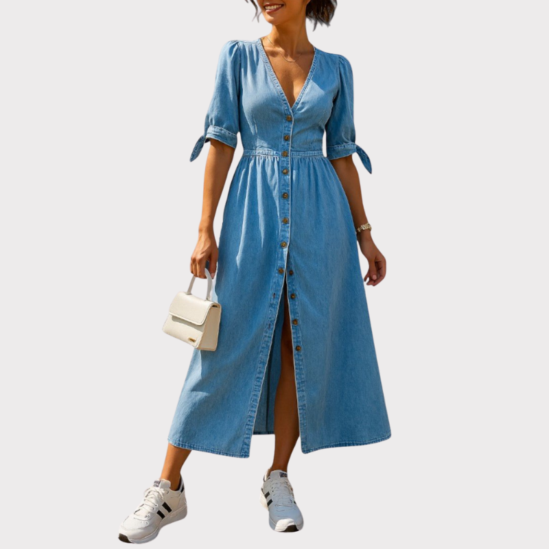 Adelina | V-Neck Button Midi Dress Liora Lane Boutique