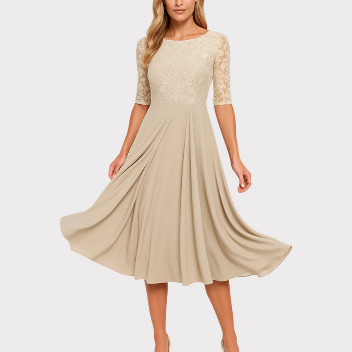 Abby | Embroidered Illusion Neckline Midi Dress Liora Lane Boutique