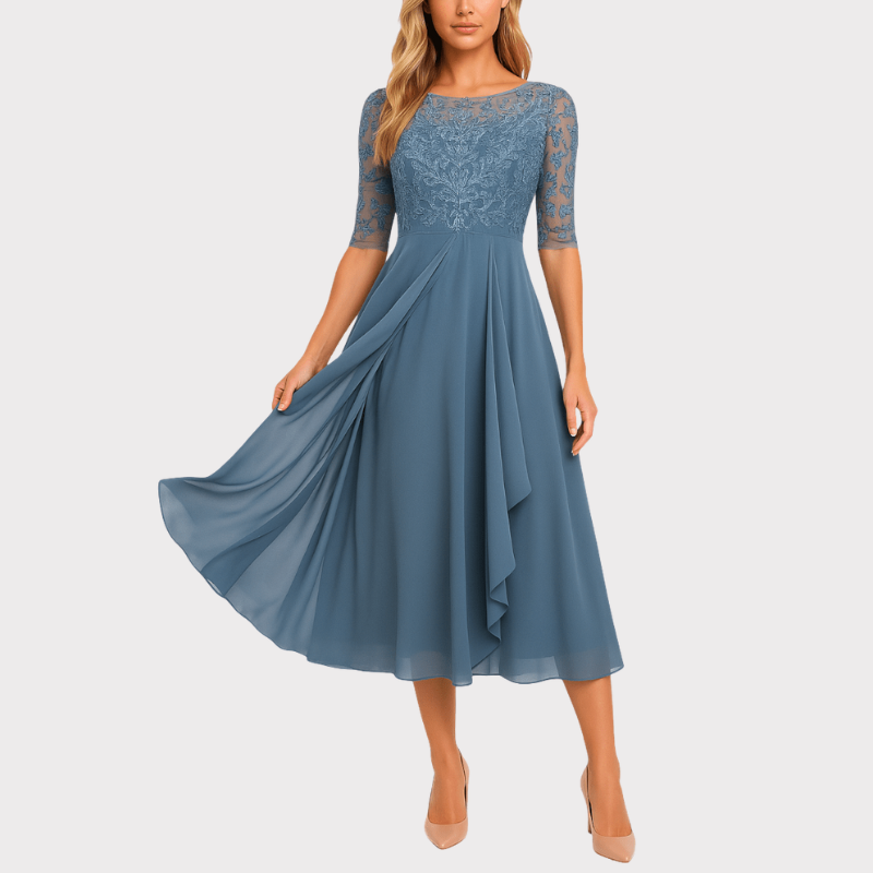 Abby | Embroidered Illusion Neckline Midi Dress Liora Lane Boutique