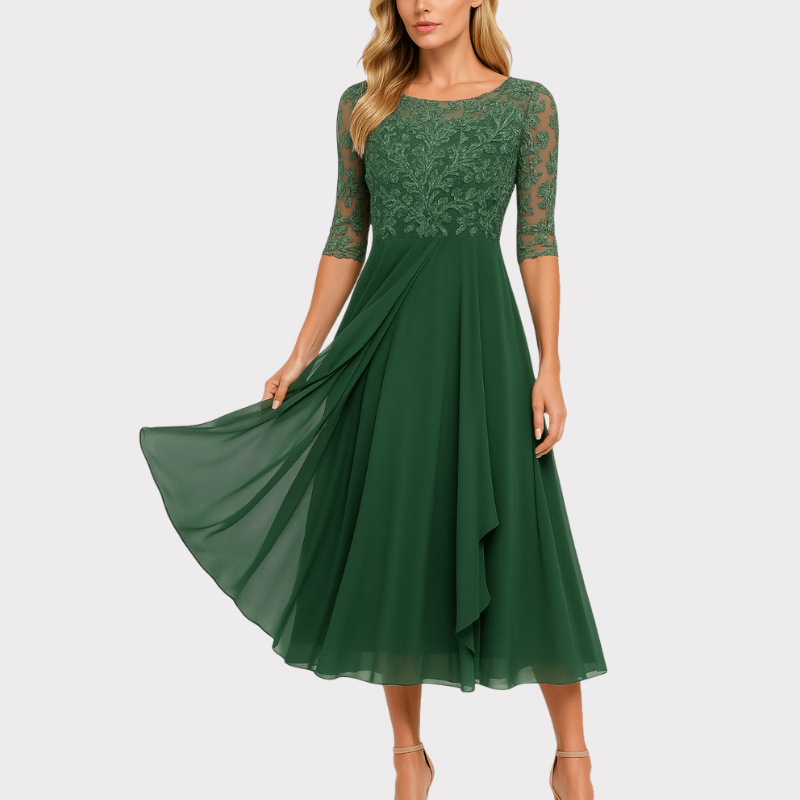 Abby | Embroidered Illusion Neckline Midi Dress Liora Lane Boutique