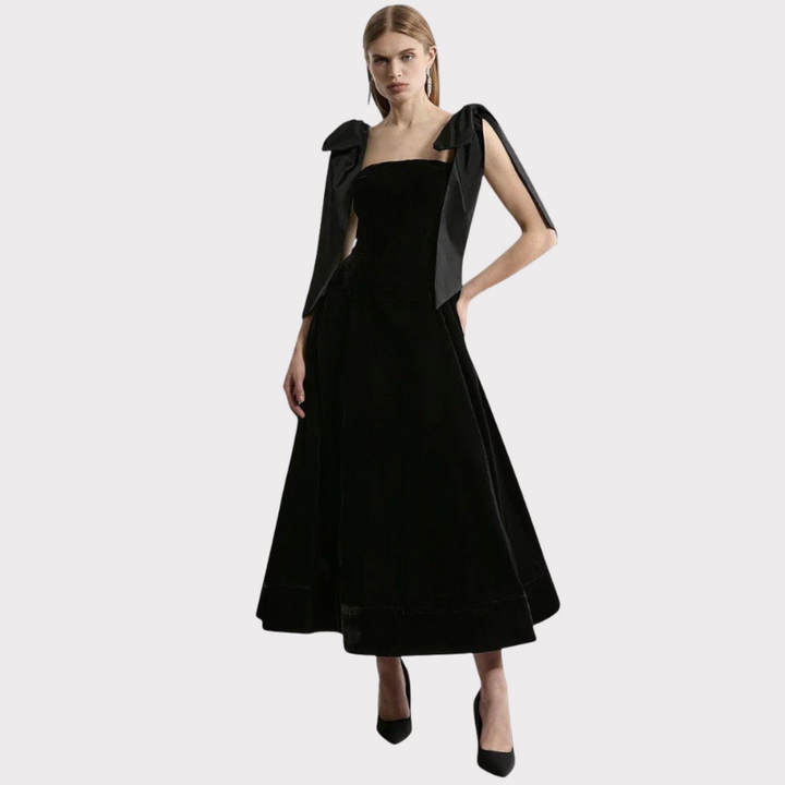Ajla | Strapless Velvet Bow Midi Dress Liora Lane Boutique