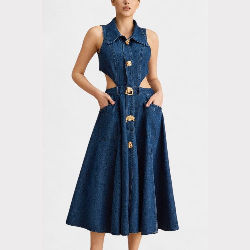Alia | Cut-Out Sleeveless Lapel Denim Dress Liora Lane Boutique