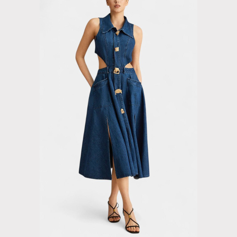 Alia | Cut-Out Sleeveless Lapel Denim Dress Liora Lane Boutique